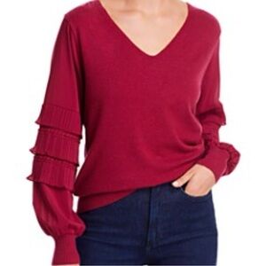 NWOT Sioni Burgundy V-Neck Sweater with Blouson Ruffled Sleeves -Sz M